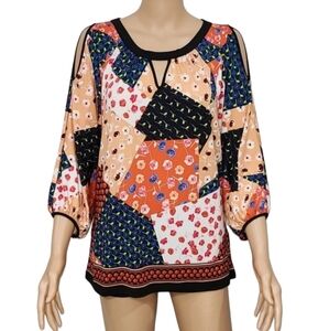 ECI New York‎ Women’s Floral Patchwork Cold Shoulder Top Blouse Size L Large